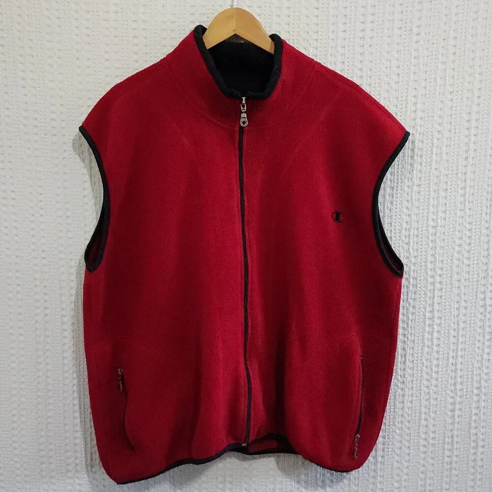 Vintage 90s Champion Red Fleece Vest Full Zip Pockets Mens Size XL Gorpcore